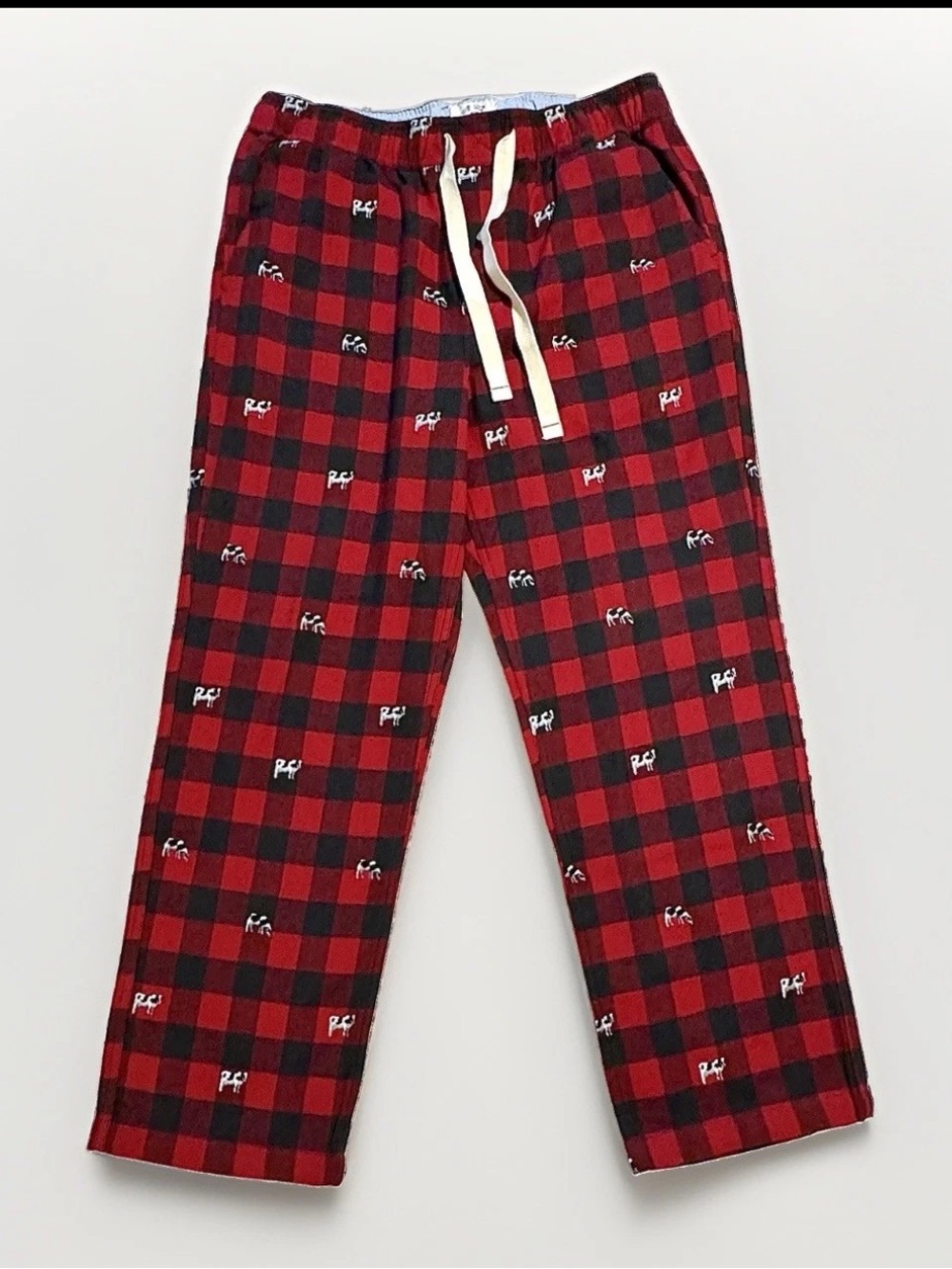 J. Crew NWT Men’s Sz L Pajama Pants In Red Buffalo Plaid Embroidered Cow Print